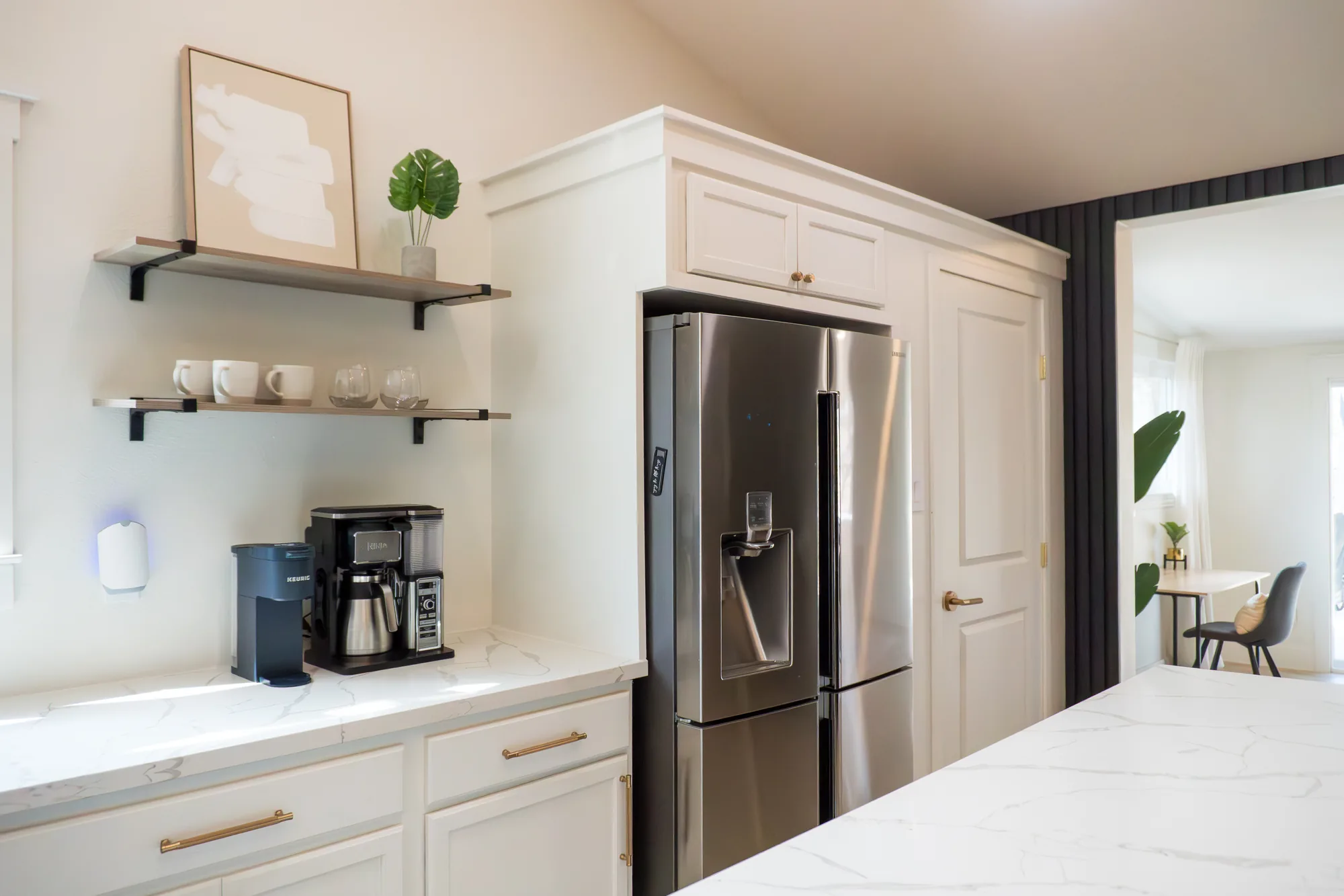 Coffee station, open shelves and fridge